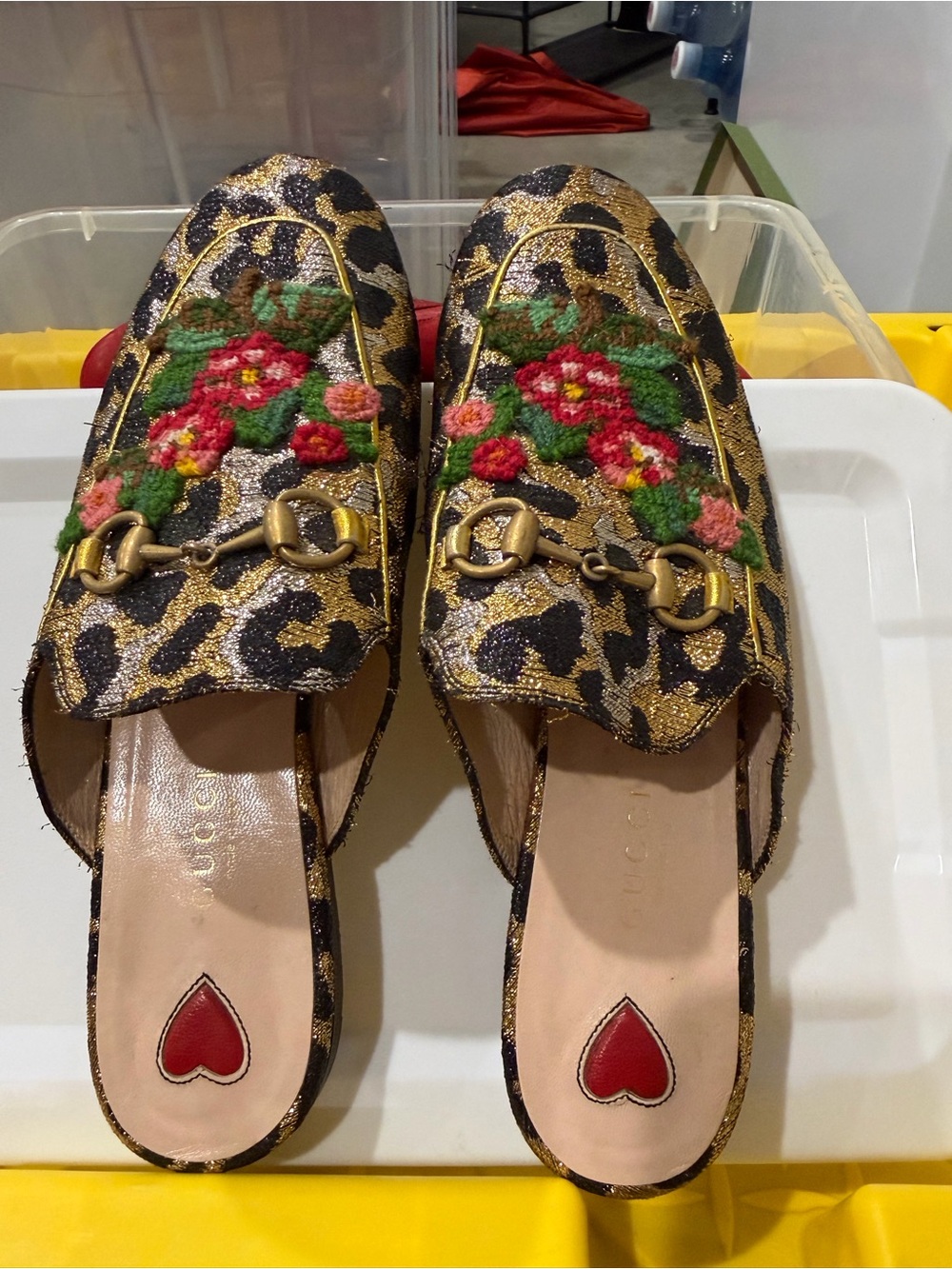 Gucci Leopard Embroidered Horsebit Mules in Gold, Black and Red